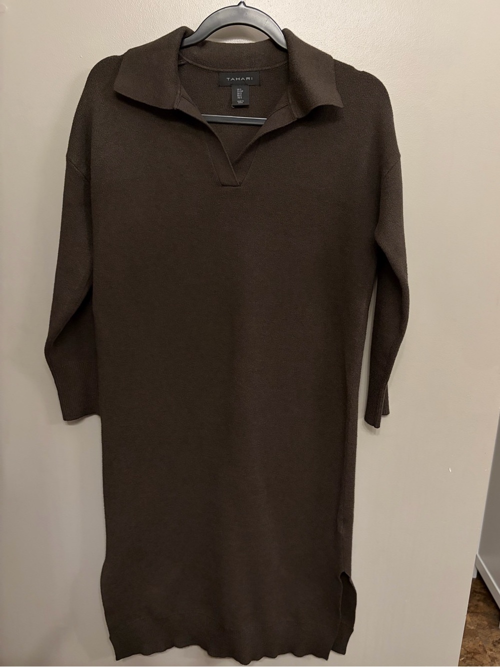Tahari brown green knit polo midi dress open V-neck collar size S